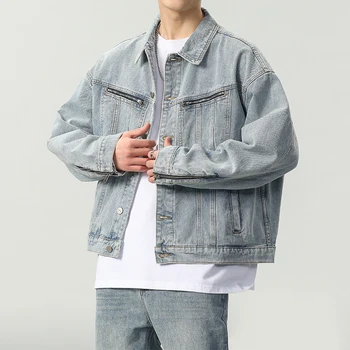 Streetwear Džinsai Švarkai vyriški Mados Hip-Hop Užtrauktukas Derliaus Light Blue Coat Prarasti Atsitiktinis Paprasta Plauti Jeans Striukė